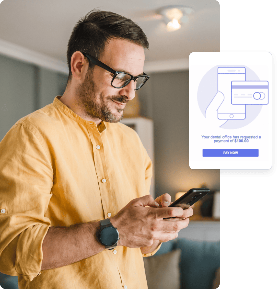 Man paying dental bill on smartphone