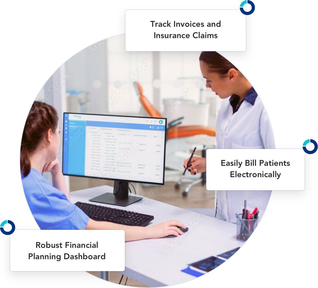Photo of dental professional reviewing practice management on computer