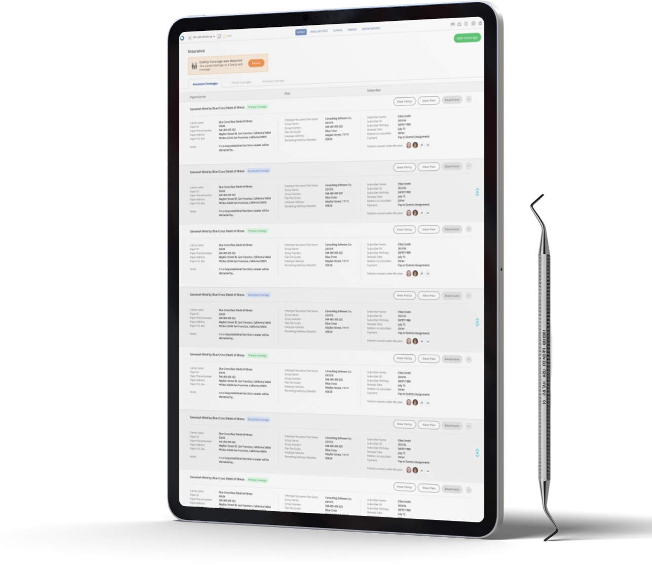 Oryx Dental all-in-one communication software on a tablet