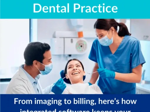 Happy dental patient in a dentist chair with a dentist and dental hygenist looking over