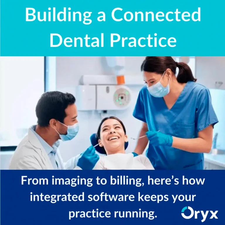 Happy dental patient in a dentist chair with a dentist and dental hygenist looking over