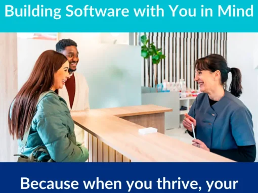 Office manager at a dental practice welcoming patients.