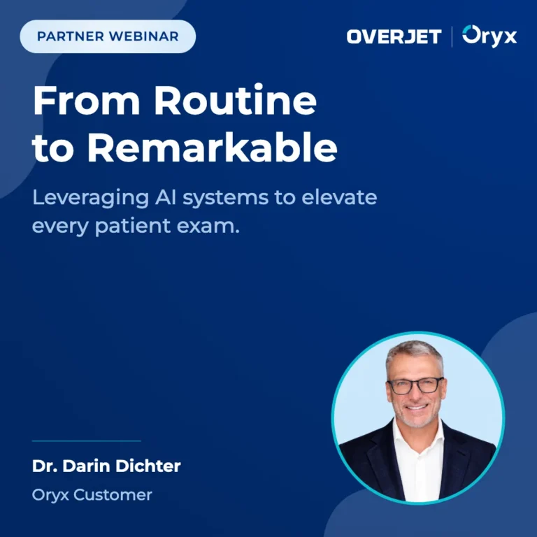 On-demand webinar graphic showing Overjet × Oryx branding and event title about leveraging AI systems in dental care.