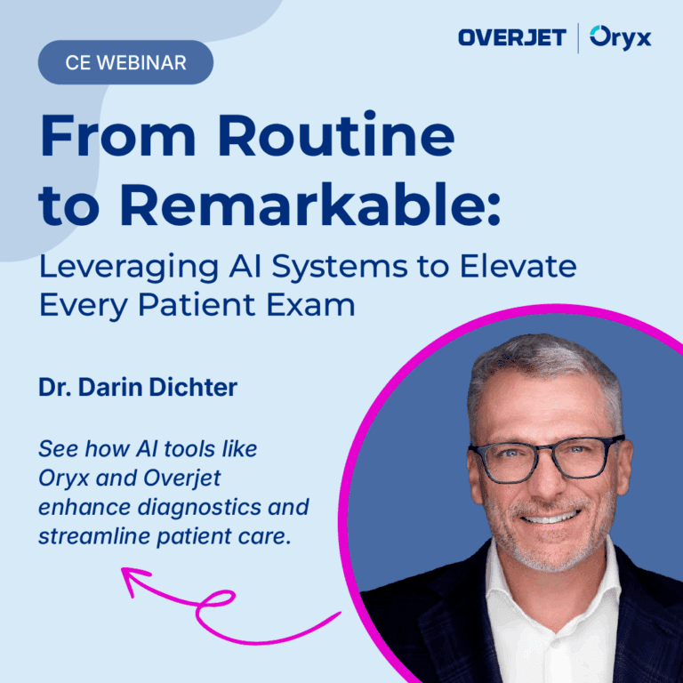 On-demand webinar graphic showing Overjet × Oryx branding and event title about leveraging AI systems in dental care.