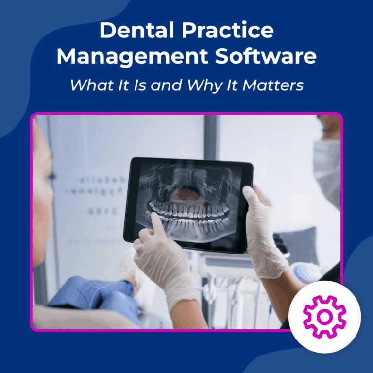 Dentist reviewing a digital dental X-ray on a tablet as part of dental practice management software