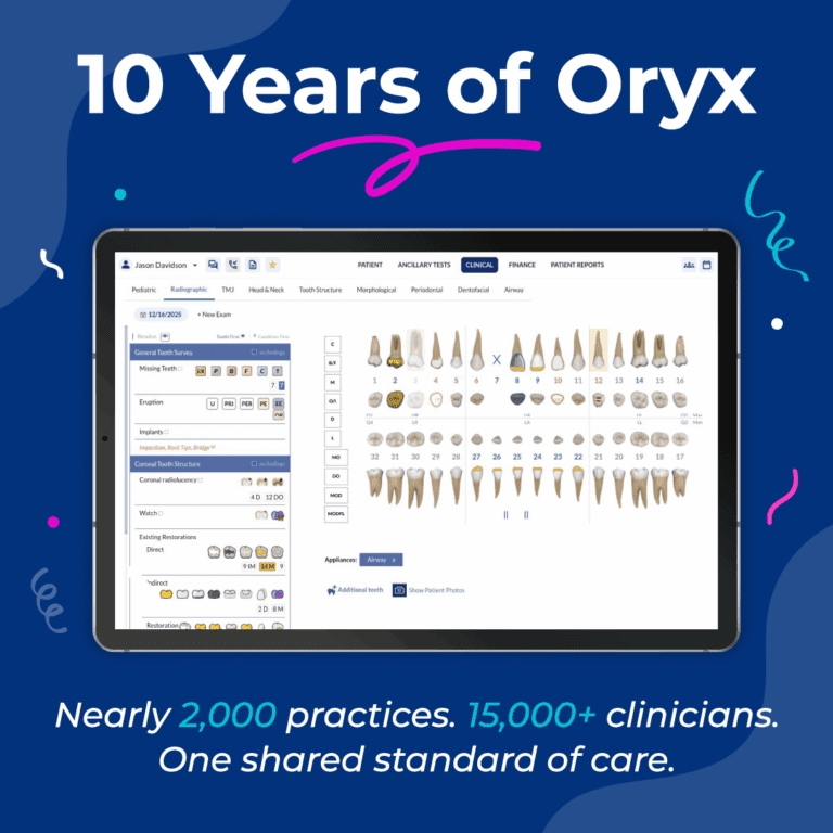 “10 Years of Oryx” anniversary graphic featuring the Oryx dental software displayed on a tablet.