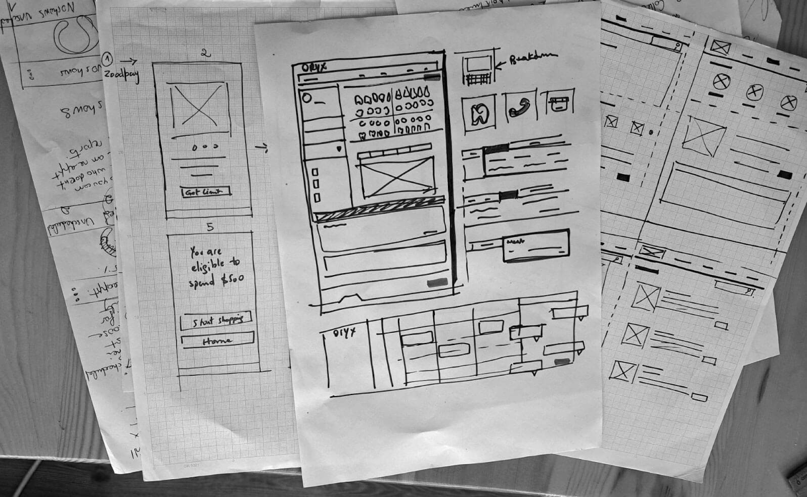Early hand-drawn wireframes of the Oryx Dental Software interface sketched on paper, showing layout ideas for dashboards and workflows.