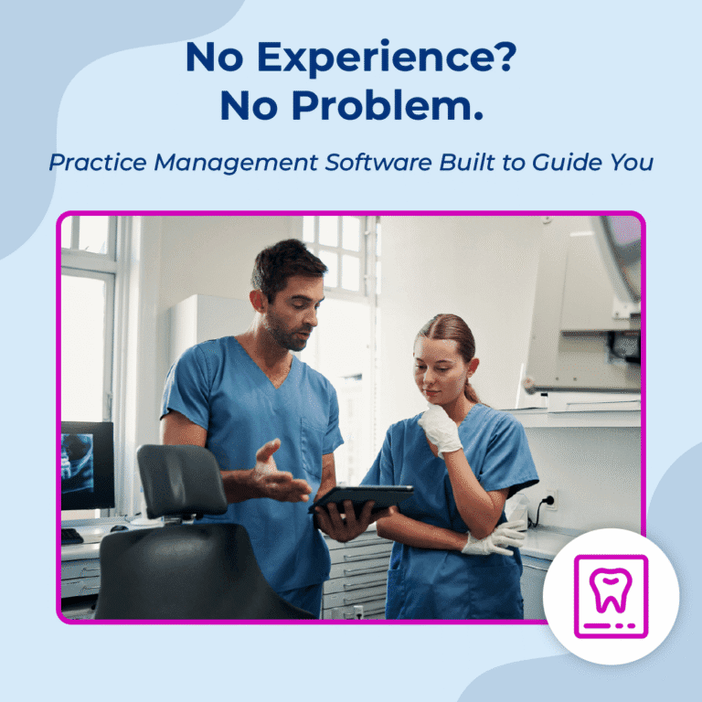 Dental professionals reviewing information on a tablet in a modern clinic, representing easy-to-use dental practice management software.