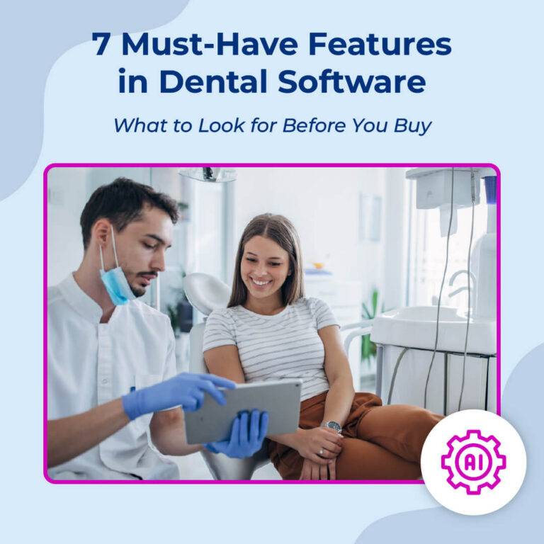 A dental provider in gloves reviews information on a tablet with a smiling patient seated in a dental chair.