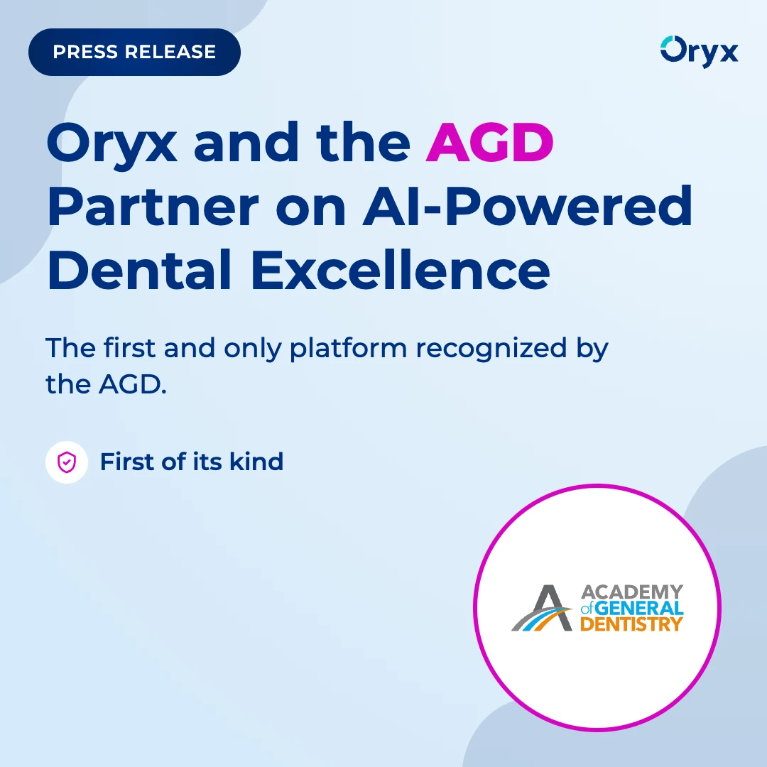 Oryx and AGD partnership announcement with the Academy of General Dentistry logo