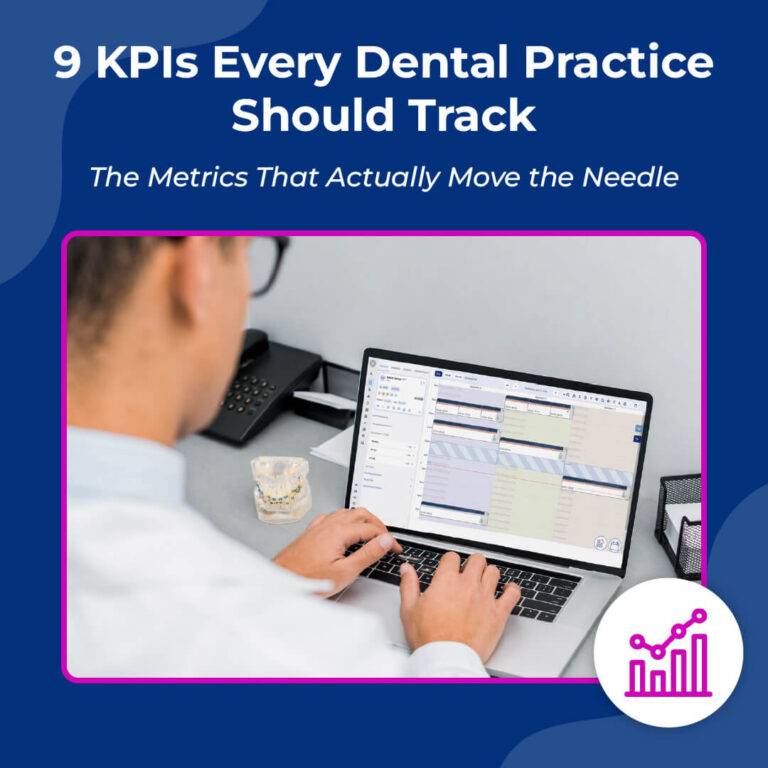 A dental professional reviews practice management software on a laptop at a desk with a dental model nearby.