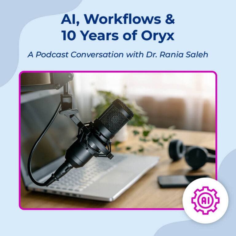 Blog graphic for Oryx Dental Software featuring the title: AI, Workflows and 10 Years of Oryx, a podcast conversation with Dr. Rania Saleh.