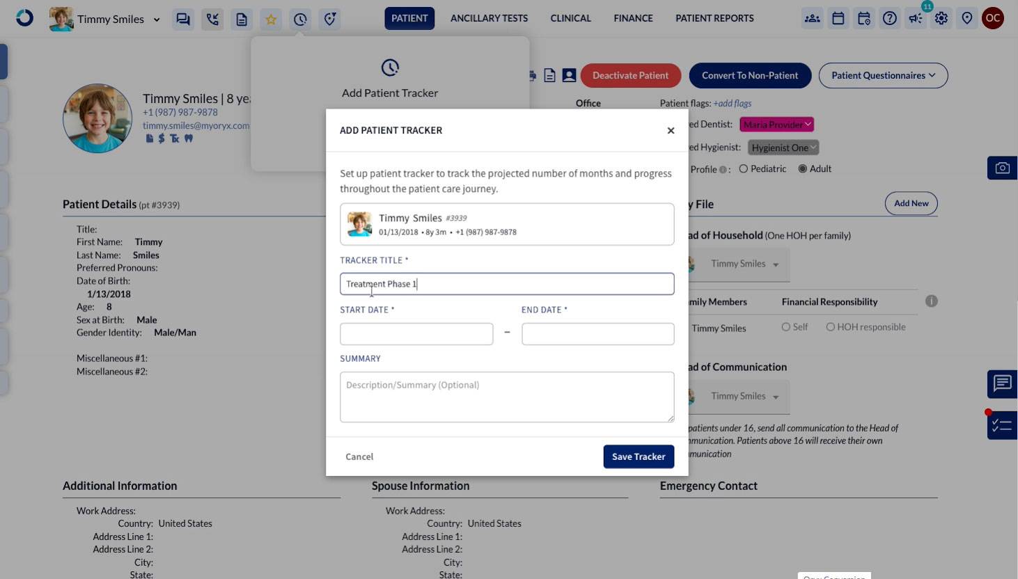 Add Patient Tracker modal in Oryx showing tracker title, start date, end date, and summary fields.