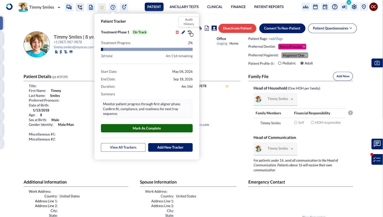 Patient Tracker panel in Oryx showing Treatment Phase 1 with On Track status, progress bar, and audit history icon.
