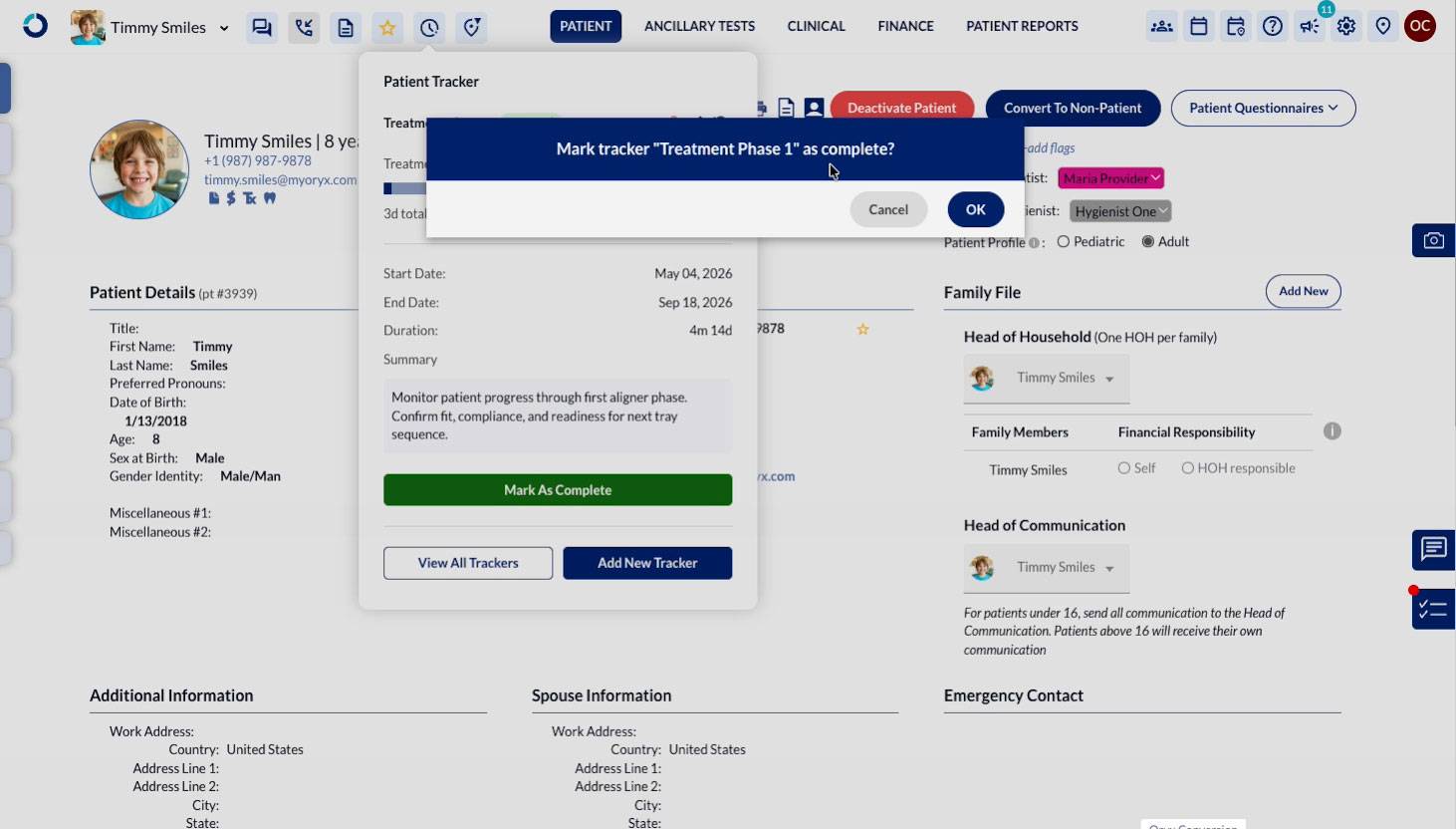 Patient Tracker Mark As Complete confirmation popup in Oryx.