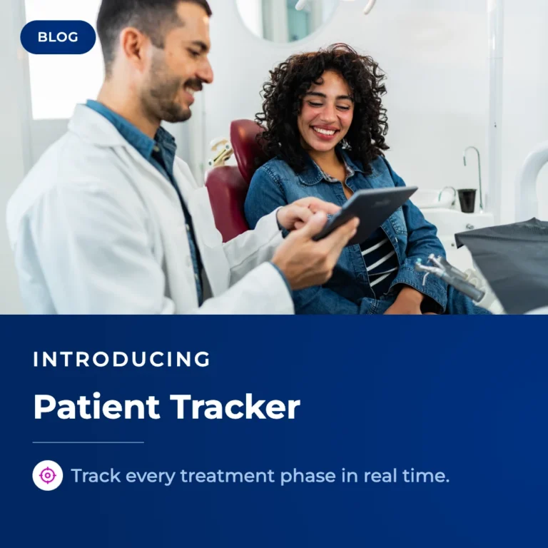 Oryx Dental Software feature graphic introducing Patient Tracker, with a dentist and patient reviewing a tablet together in a dental office.Oryx Dental Software feature graphic introducing Patient Tracker, with a dentist and patient reviewing a tablet together in a dental office.