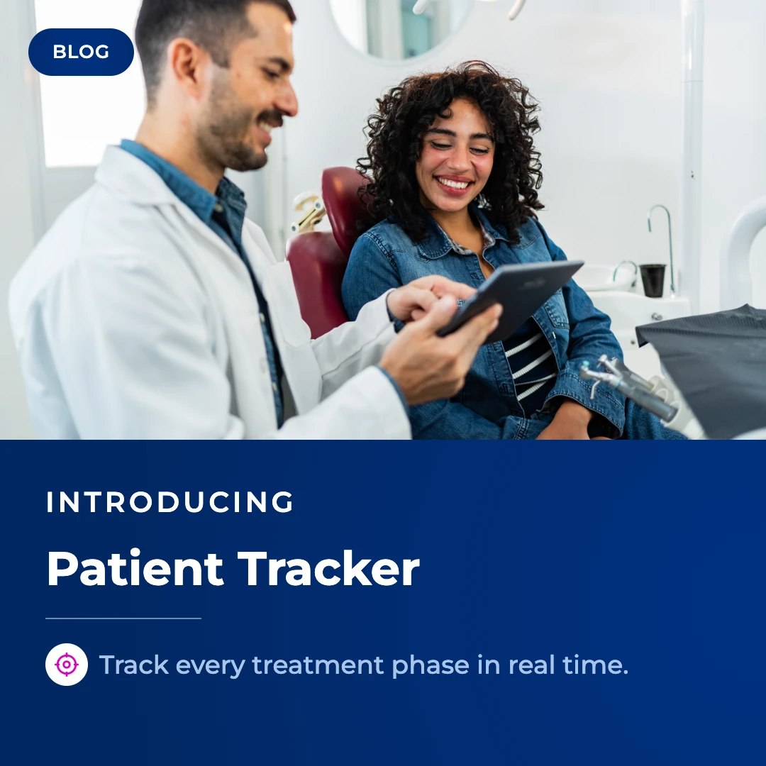 Oryx Dental Software feature graphic introducing Patient Tracker, with a dentist and patient reviewing a tablet together in a dental office.Oryx Dental Software feature graphic introducing Patient Tracker, with a dentist and patient reviewing a tablet together in a dental office.