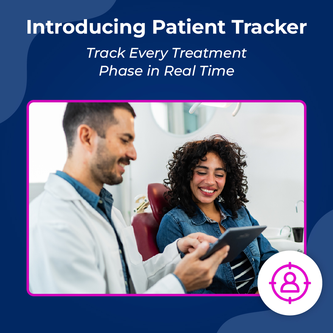 Oryx Dental Software feature graphic introducing Patient Tracker, with a dentist and patient reviewing a tablet together in a dental office.Oryx Dental Software feature graphic introducing Patient Tracker, with a dentist and patient reviewing a tablet together in a dental office.