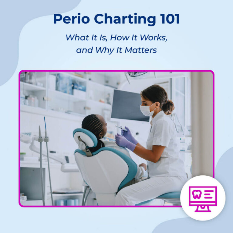 Dental hygienist performing a periodontal exam on a patient in a dental chair