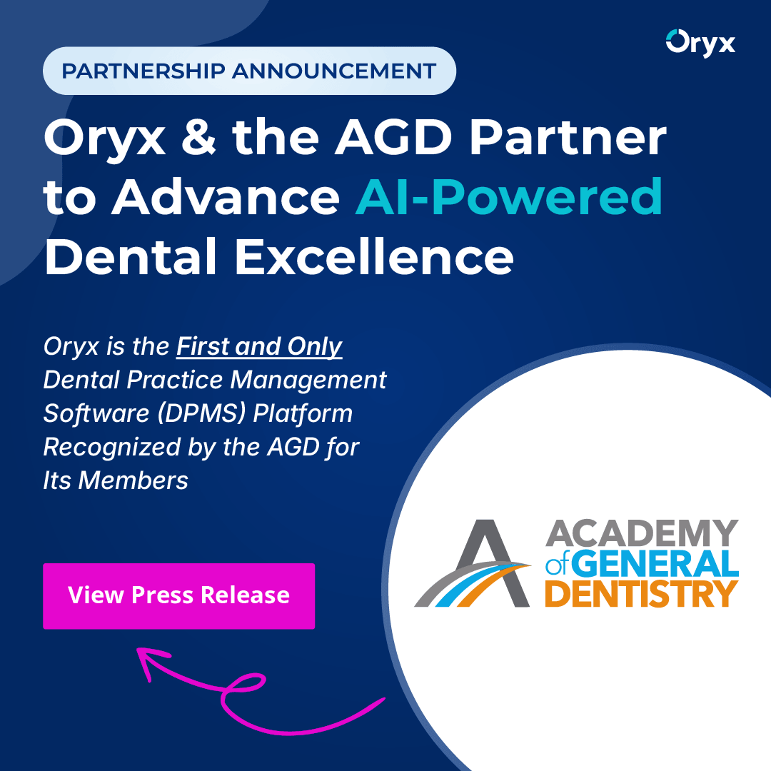 Oryx and AGD partnership announcement with the Academy of General Dentistry logo