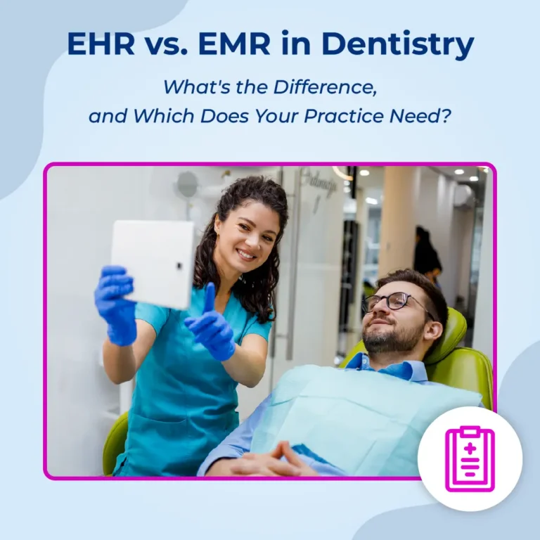 EHR vs. EMR in Dentistry: dental hygienist showing a patient a digital chart on a tablet