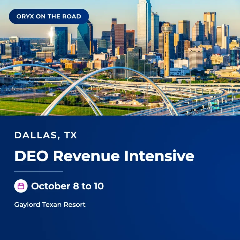DEO Revenue Intensive 2026 in Dallas, October 8 to 10, with the Dallas skyline and Margaret McDermott Bridge