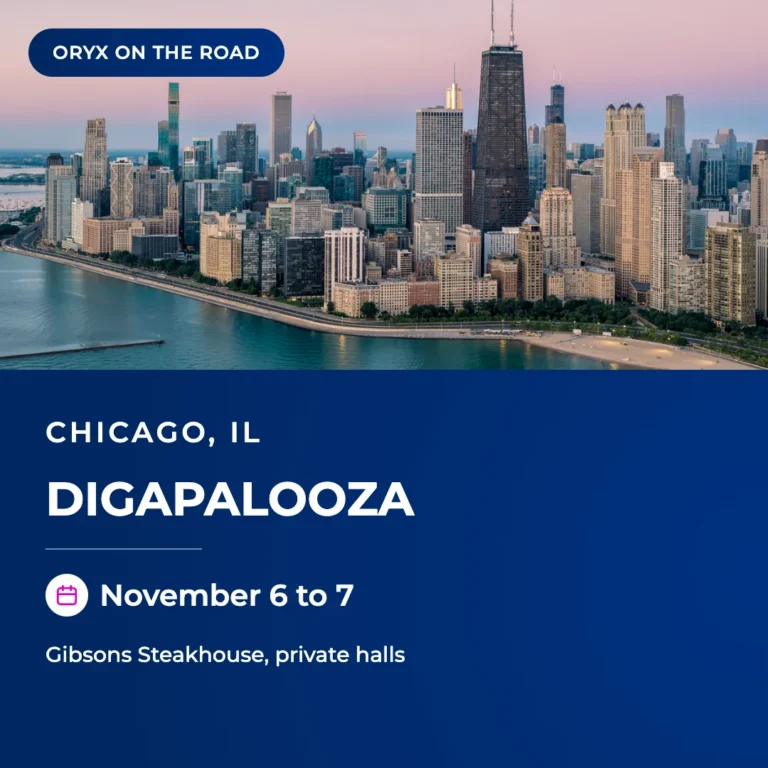 DIGAPALOOZA 2026 in Chicago, November 6 to 7, with the Chicago skyline and lakefront at dusk