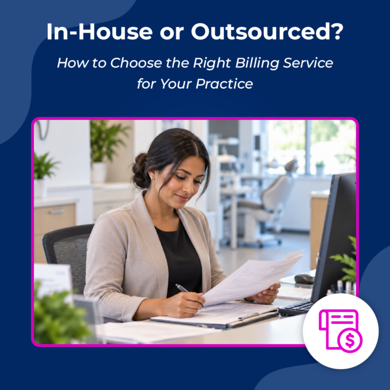 Oryx blog graphic titled "In-House or Outsourced?" about choosing a dental billing service, with a front-desk manager reviewing paperwork at her desk