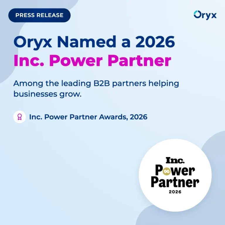 Oryx press release graphic announcing Oryx named a 2026 Inc. Power Partner, with the Inc. Power Partner 2026 award badge.