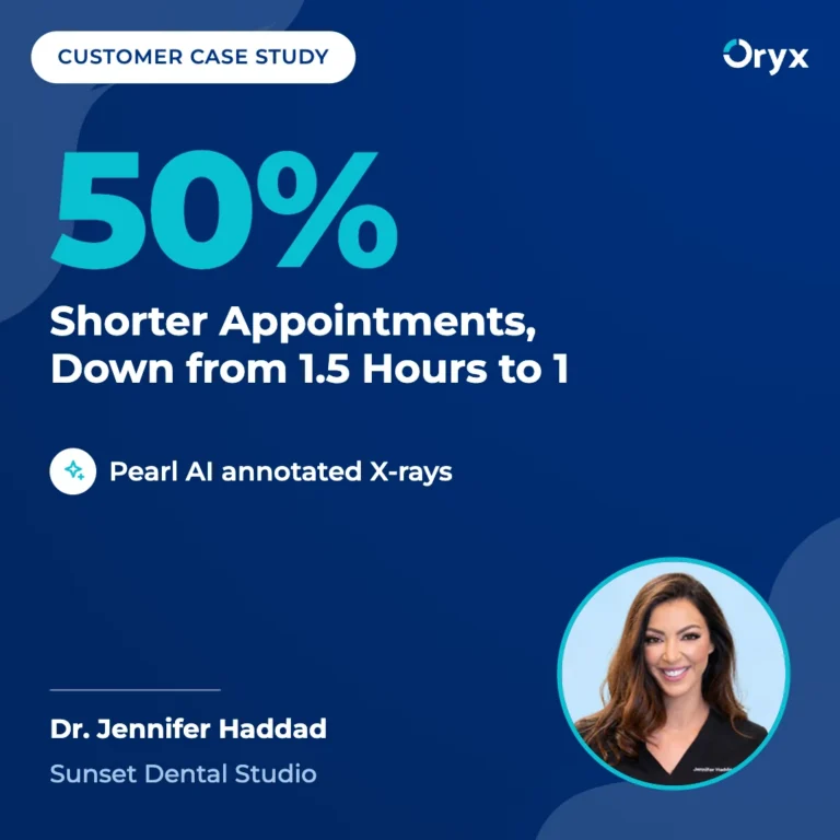 Oryx customer case study: Dr. Jennifer Haddad of Sunset Dental Studio cut appointments by 50%, from 1.5 hours to 1, with Pearl AI annotated X-rays.