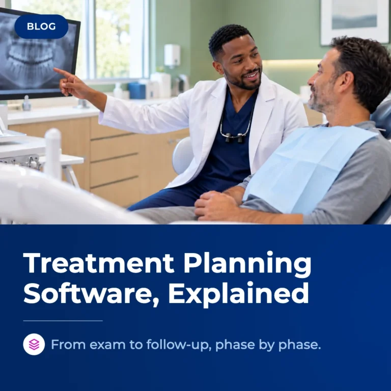 Oryx blog graphic titled "Treatment Planning Software, Explained: From exam to follow-up, phase by phase," showing a dentist pointing to a panoramic X-ray on a monitor while talking with a smiling patient in the dental chair.