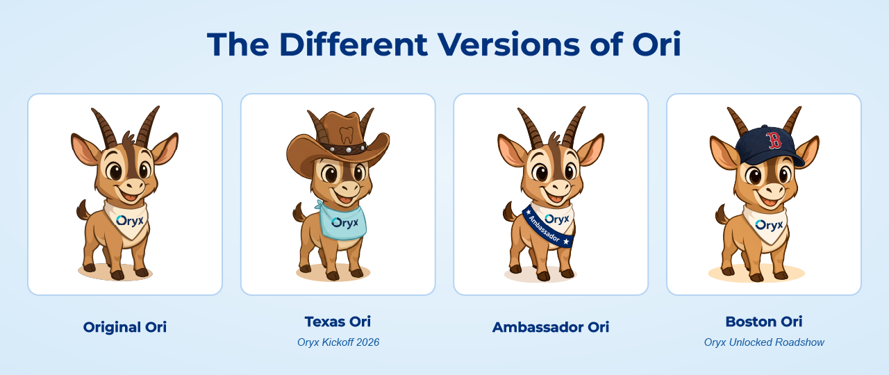 A lineup of four Ori mascot versions: Original Ori, Texas Ori from Oryx Kickoff 2026, Ambassador Ori, and Boston Ori from the Oryx Unlocked Roadshow